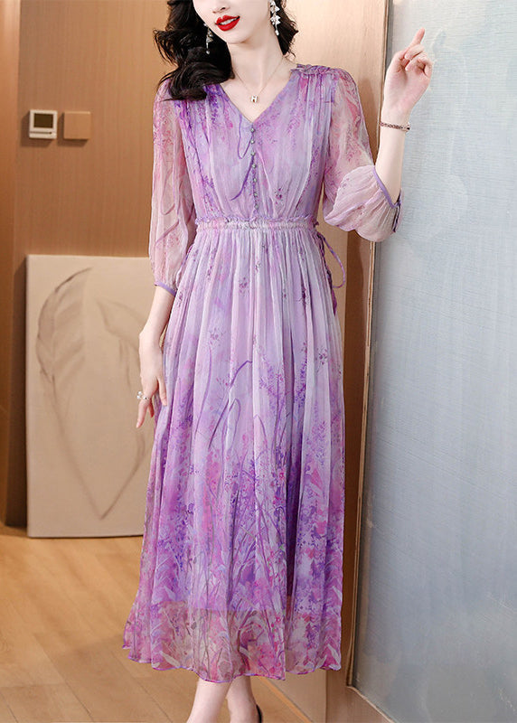Vogue Purple Patchwork Elastic Waist Silk Maxi Dresses Summer