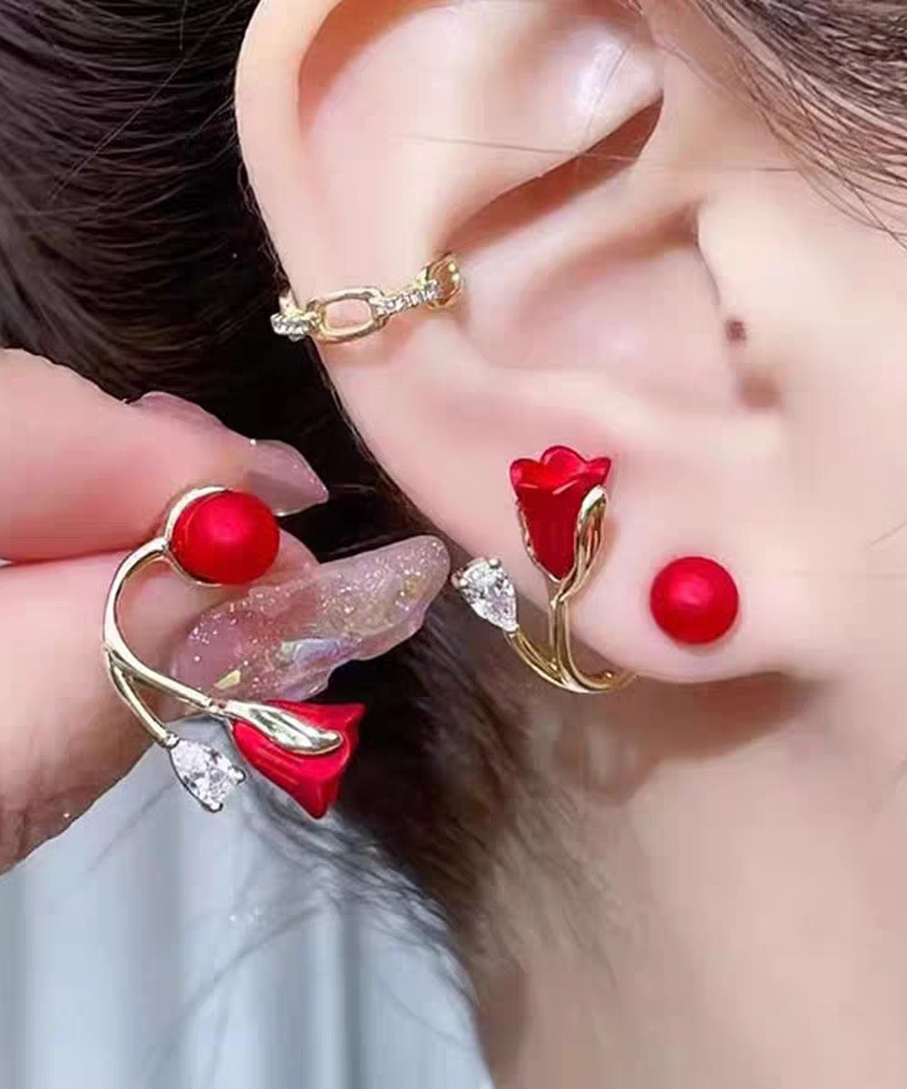 Vogue Red Alloy Zircon Dripping Glaze Pearl Floral Stud Earrings