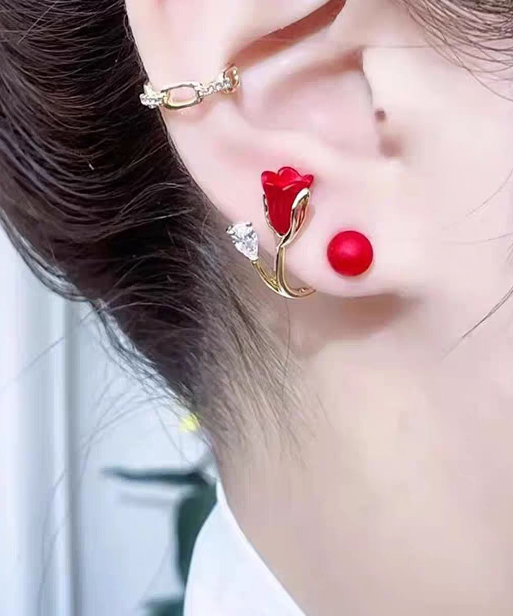 Vogue Red Alloy Zircon Dripping Glaze Pearl Floral Stud Earrings