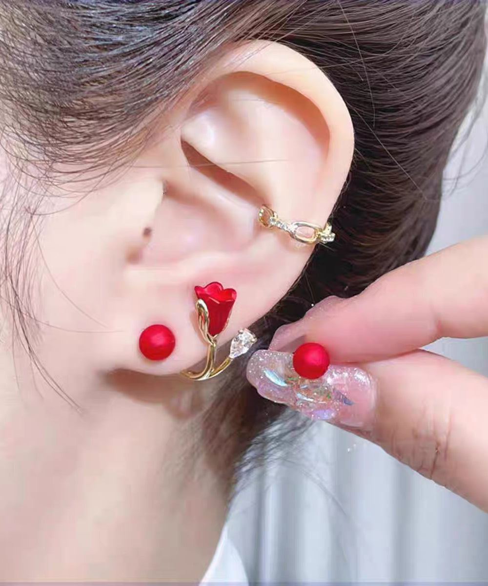 Vogue Red Alloy Zircon Dripping Glaze Pearl Floral Stud Earrings