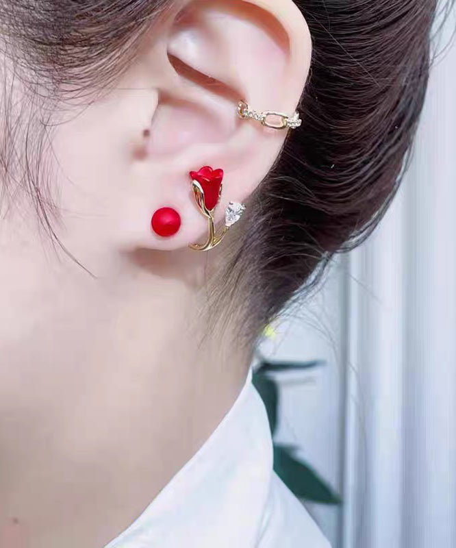 Vogue Red Alloy Zircon Dripping Glaze Pearl Floral Stud Earrings