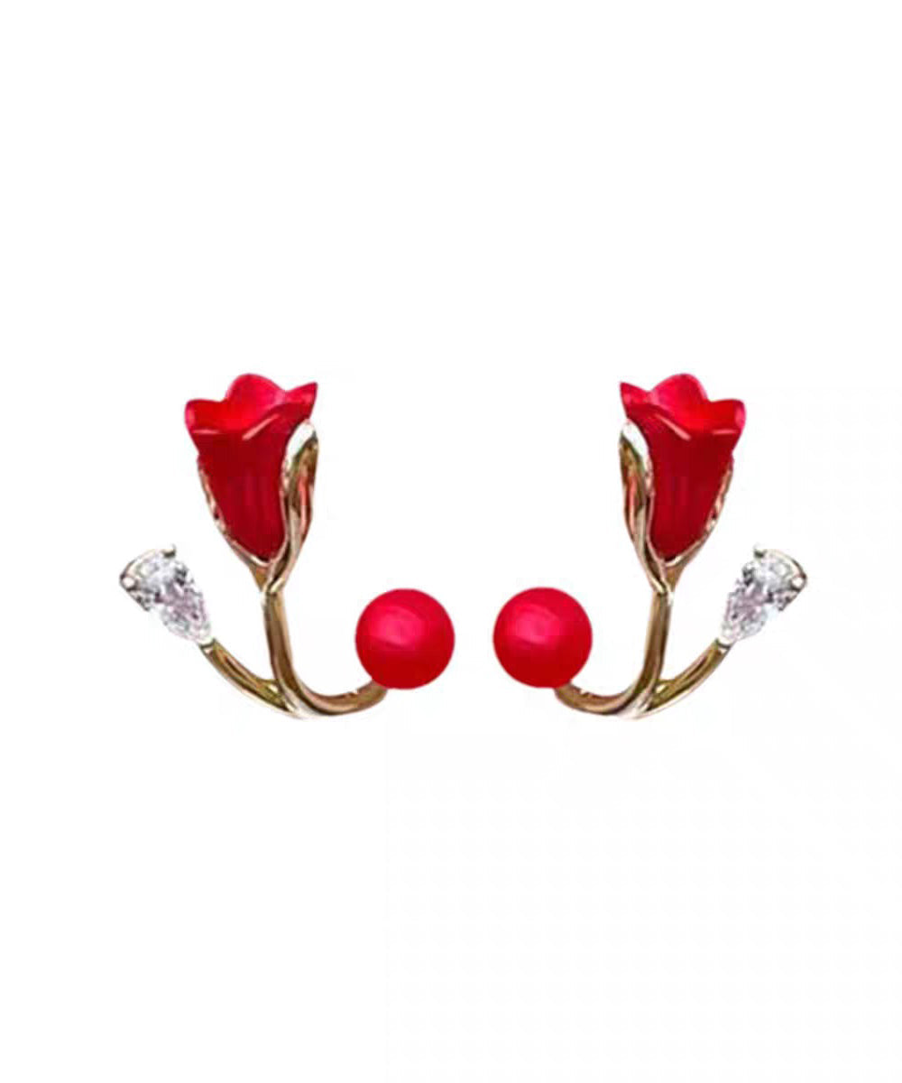 Vogue Red Alloy Zircon Dripping Glaze Pearl Floral Stud Earrings