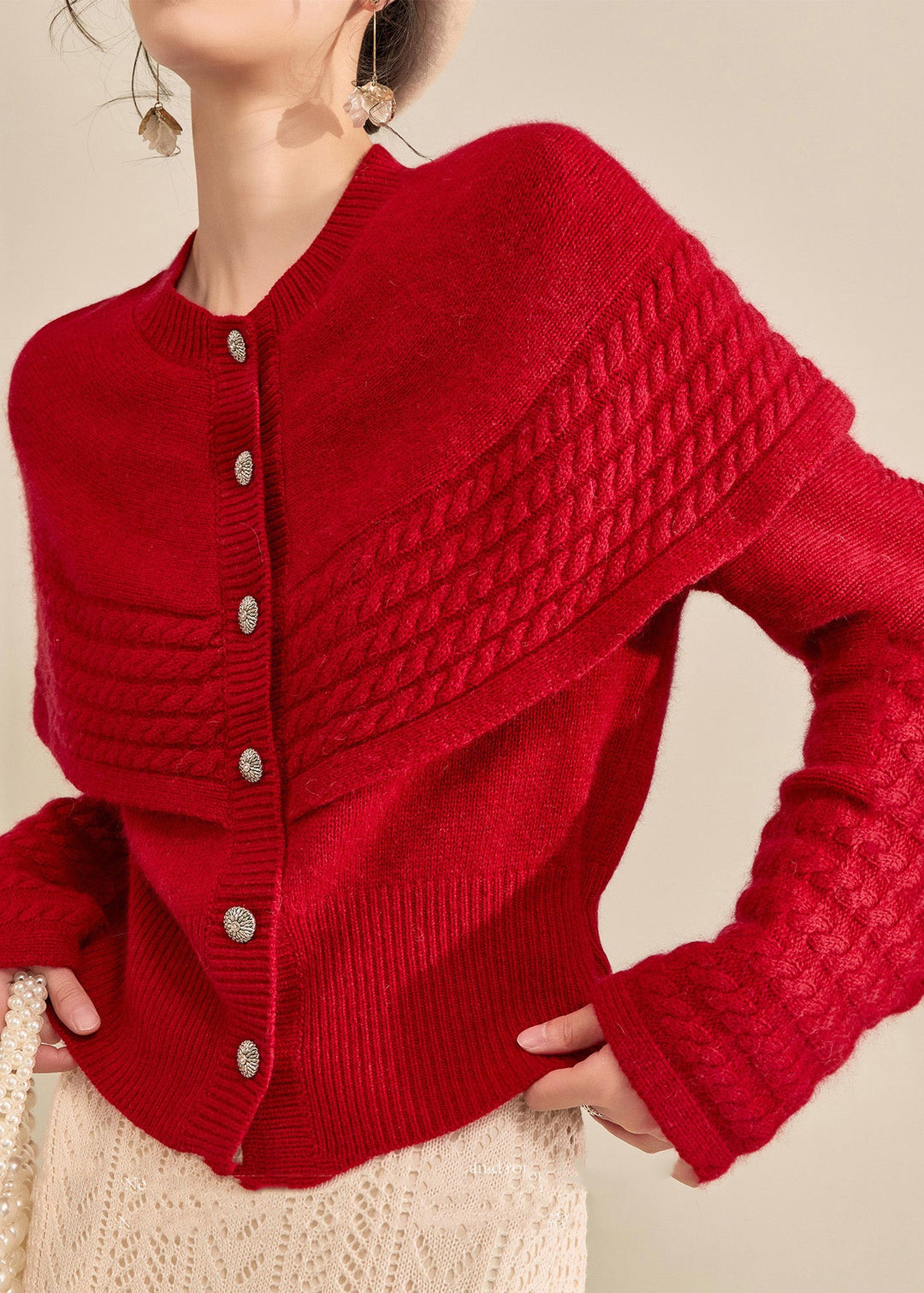 Vogue Red Button Shawl Fake Two pieces Thick Cotton Knit Sweater Fall