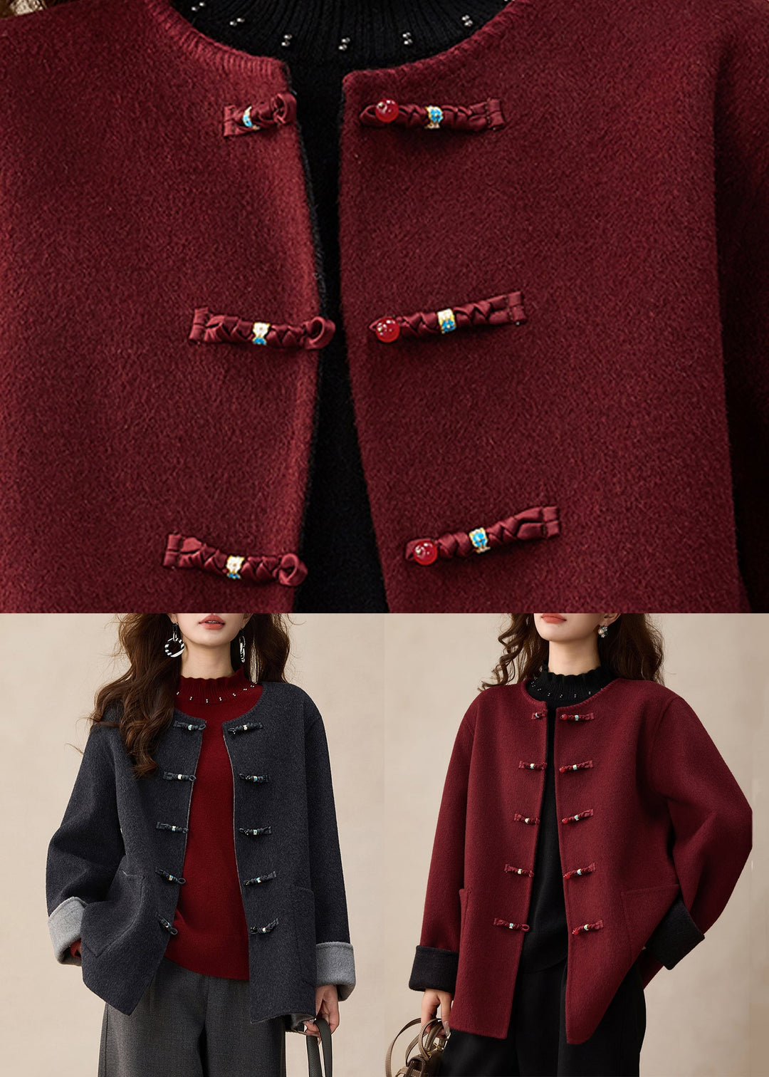 Vogue Red Pockets Patchwork Woolen Coat Spring