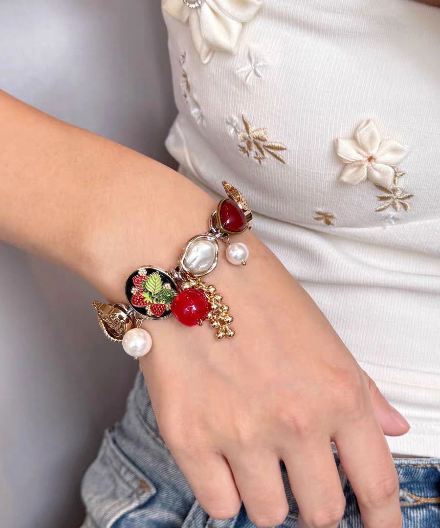 Vogue Red Stainless Steel Pearl Strawberry Charm Bracelet