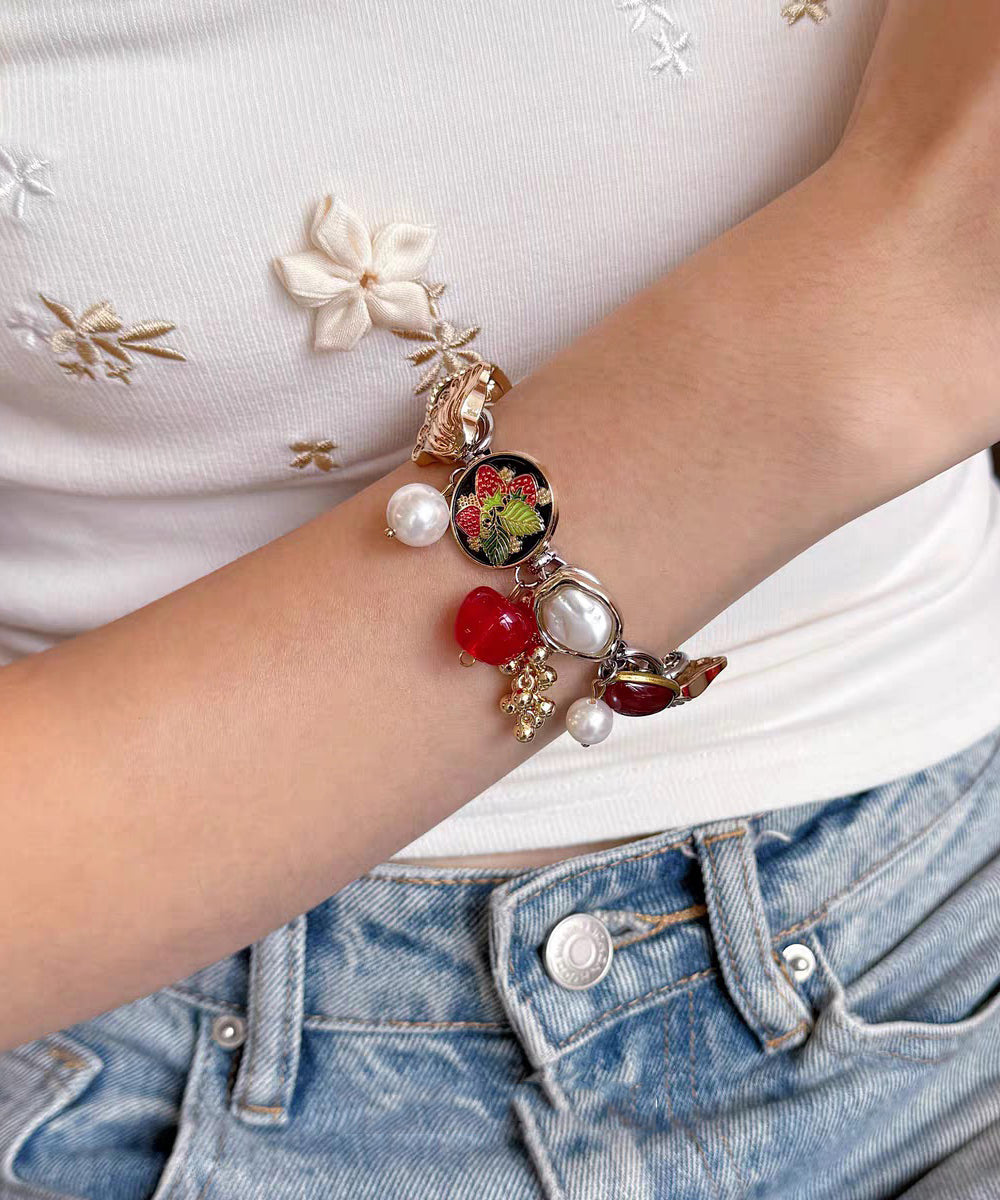 Vogue Red Stainless Steel Pearl Strawberry Charm Bracelet