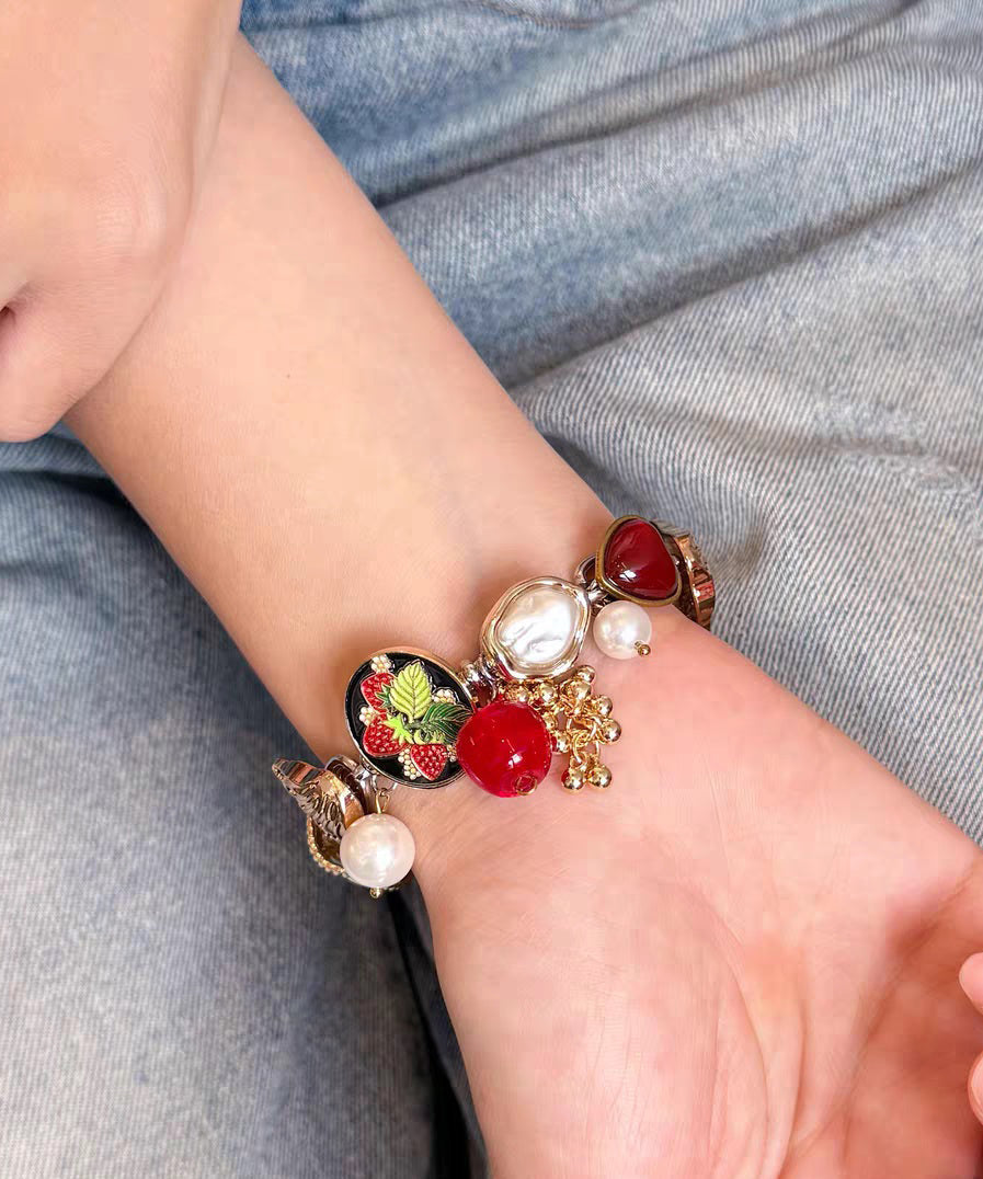 Vogue Red Stainless Steel Pearl Strawberry Charm Bracelet