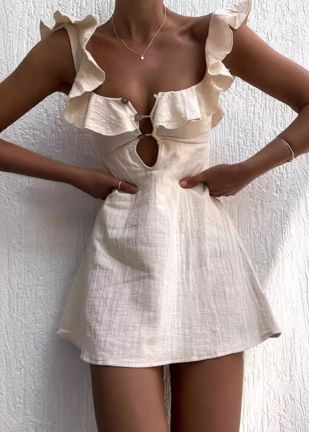 Vogue Sexy Beige Ruffled Patchwork Cotton Mini Dress Summer