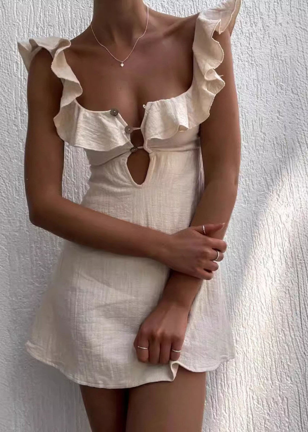 Vogue Sexy Beige Ruffled Patchwork Cotton Mini Dress Summer