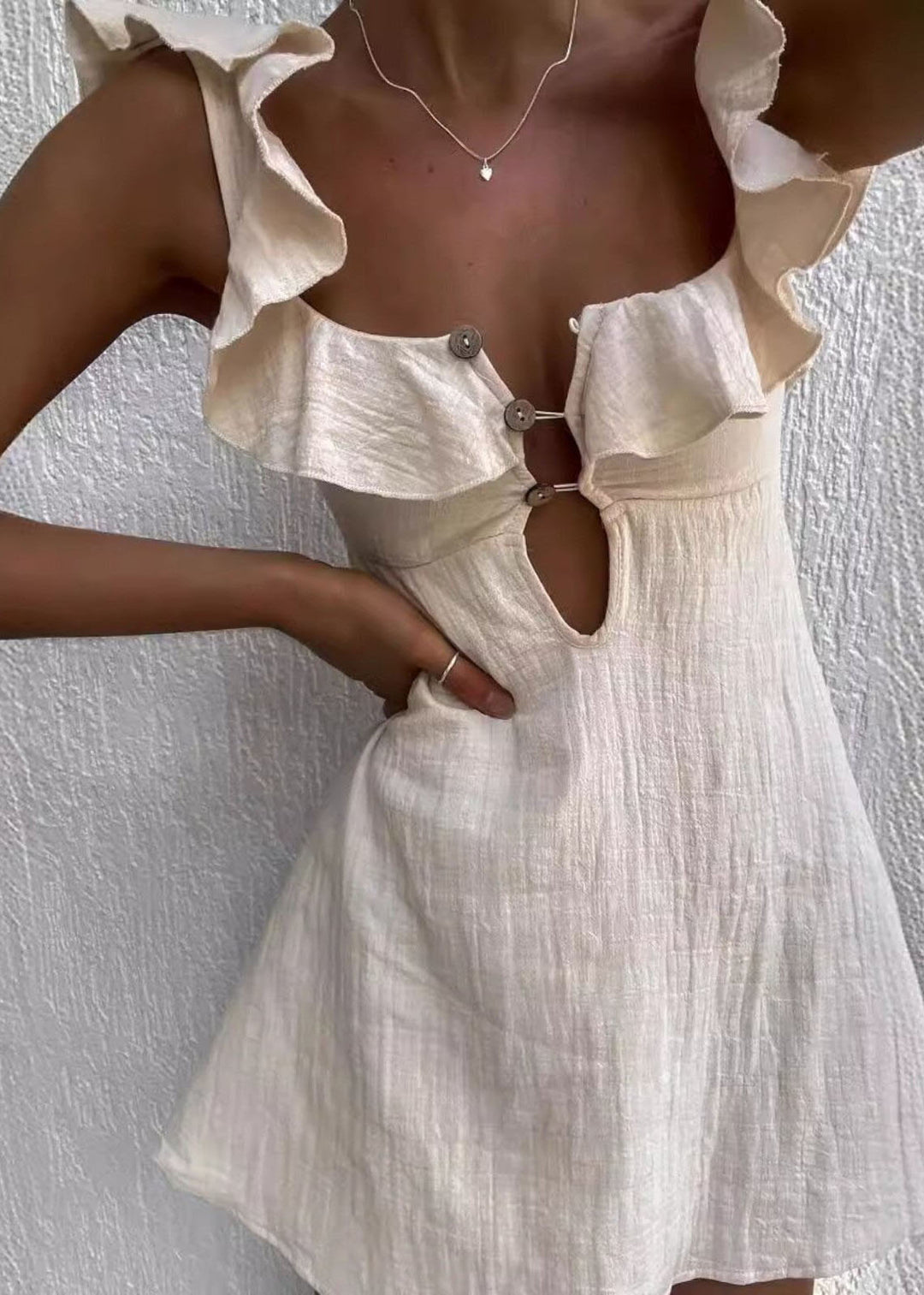 Vogue Sexy Beige Ruffled Patchwork Cotton Mini Dress Summer