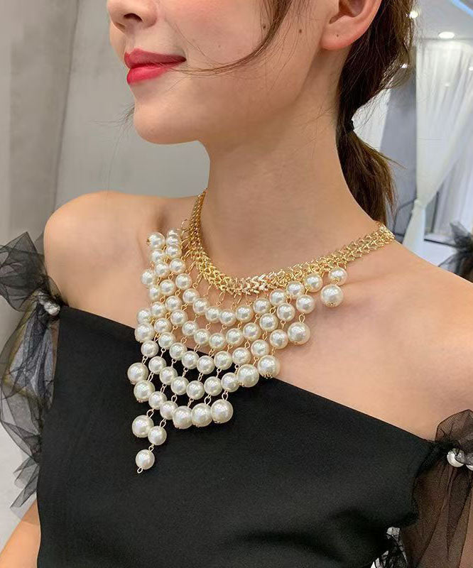 Vogue White Alloy Pearl Layered Tassel Gratuated Bead Necklace