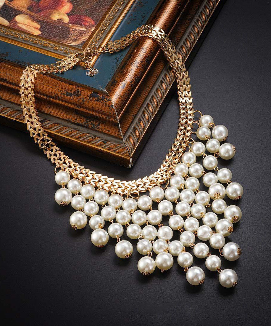 Vogue White Alloy Pearl Layered Tassel Gratuated Bead Necklace