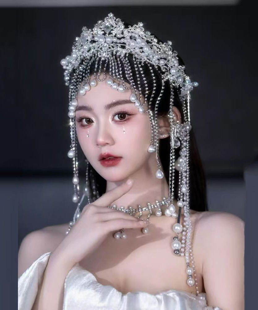 Vogue White Alloy Zircon Pearl Crown , Necklace And HairPiece Three-Piece Set