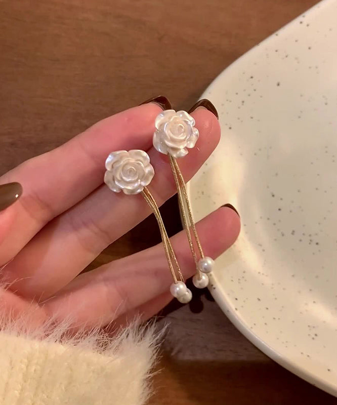 Vogue White Copper Pearl Camellia Flower Tassel Drop Earrings