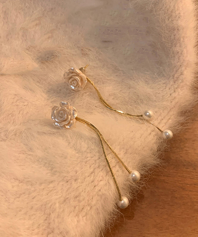 Vogue White Copper Pearl Camellia Flower Tassel Drop Earrings
