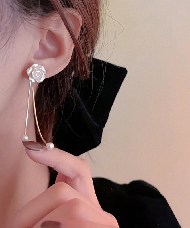 Vogue White Copper Pearl Camellia Flower Tassel Drop Earrings
