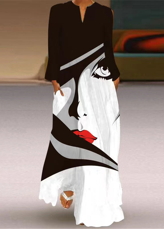 Vogue White Print Pockets Maxi Dress Long Sleeve
