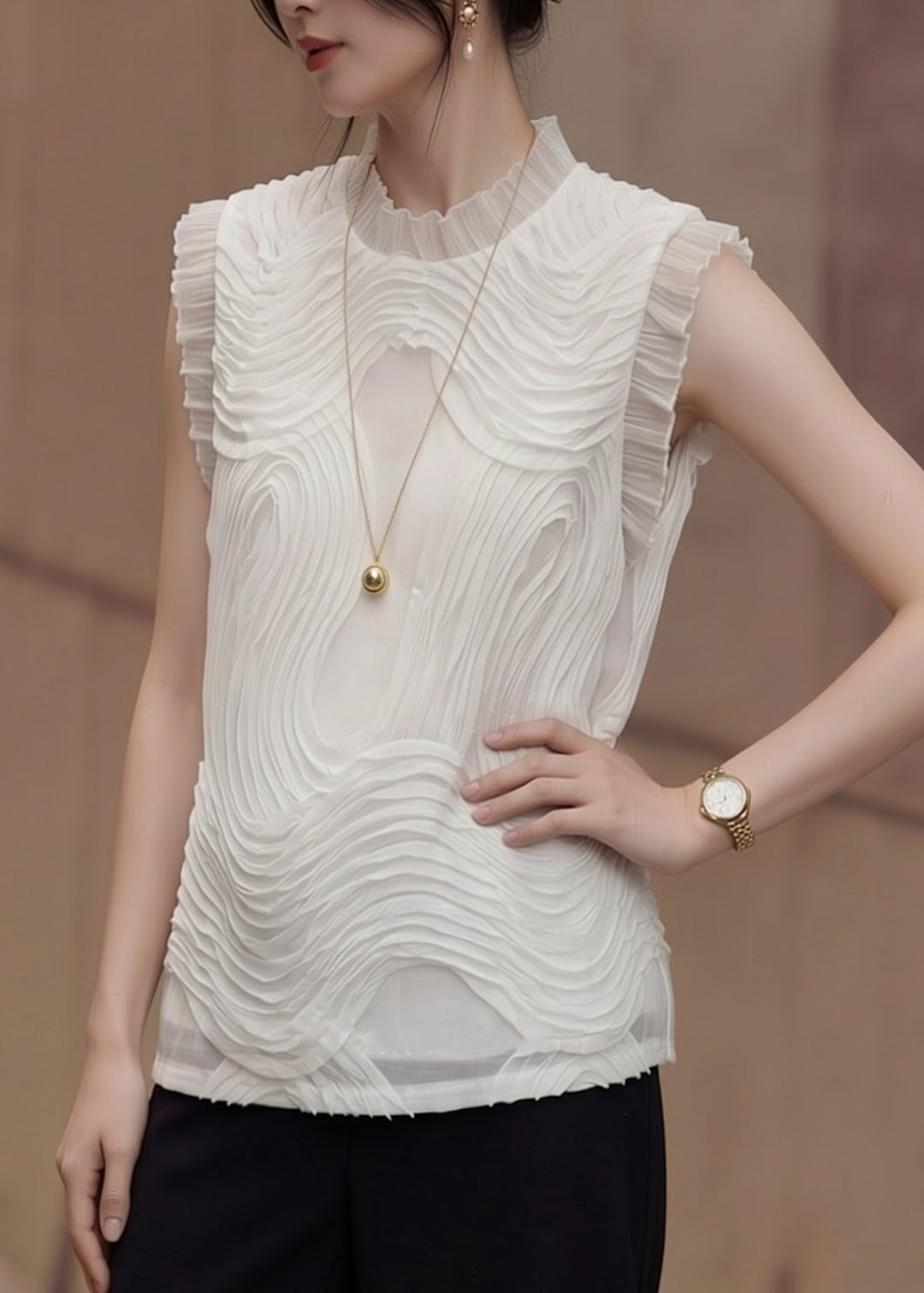 Vogue White Ruffled Patchwork Chiffon Top Sleeveless
