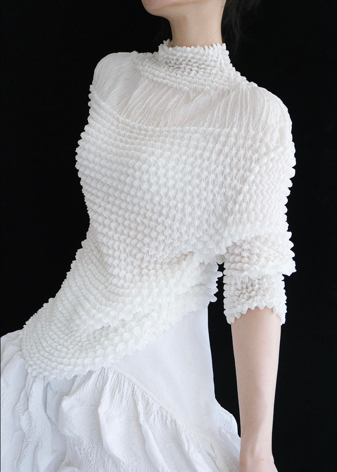 Vogue White Stand Collar Puff Wrinkled Chiffon Top Summer
