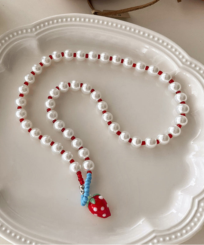 Vogue White Woven Resin Pearl Strawberry Pendant Necklace