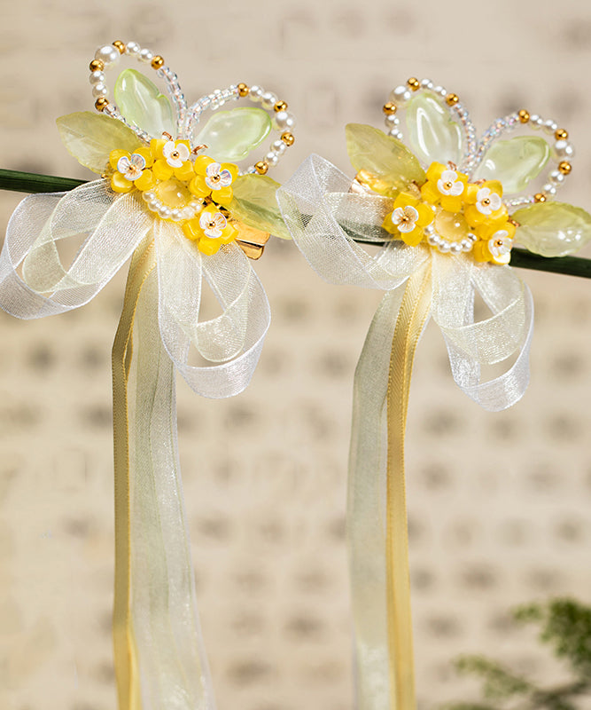 Vogue Yellow Chiffon Ribbon Pearl Colored Glaze Osmanthus Kids A Pair Hairpin