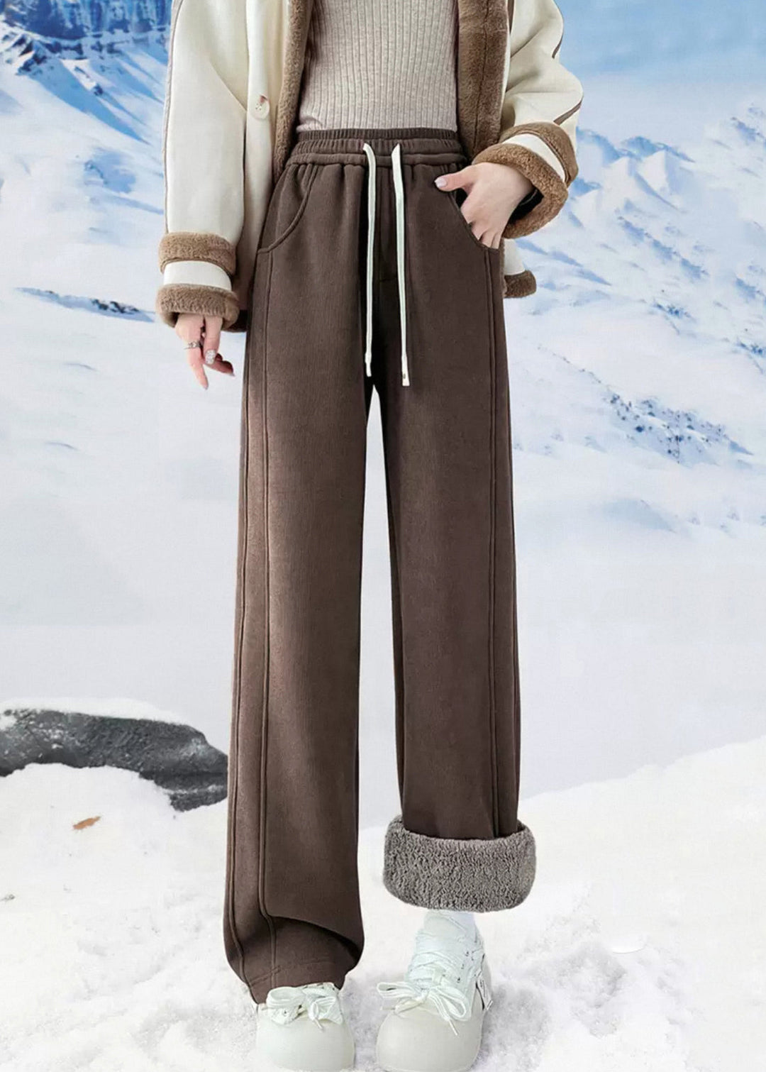 Warm Coffee Pockets Elastic Waist Teddy Warm Fleece Pants Winter