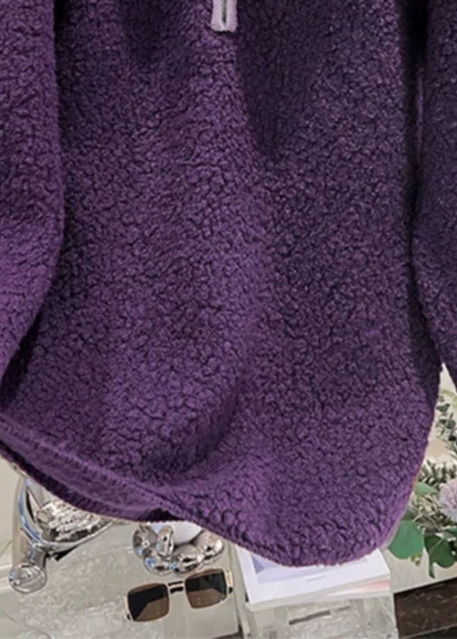 Warm Purple Hooded Zippered Fluffy Sweatshirt Winter