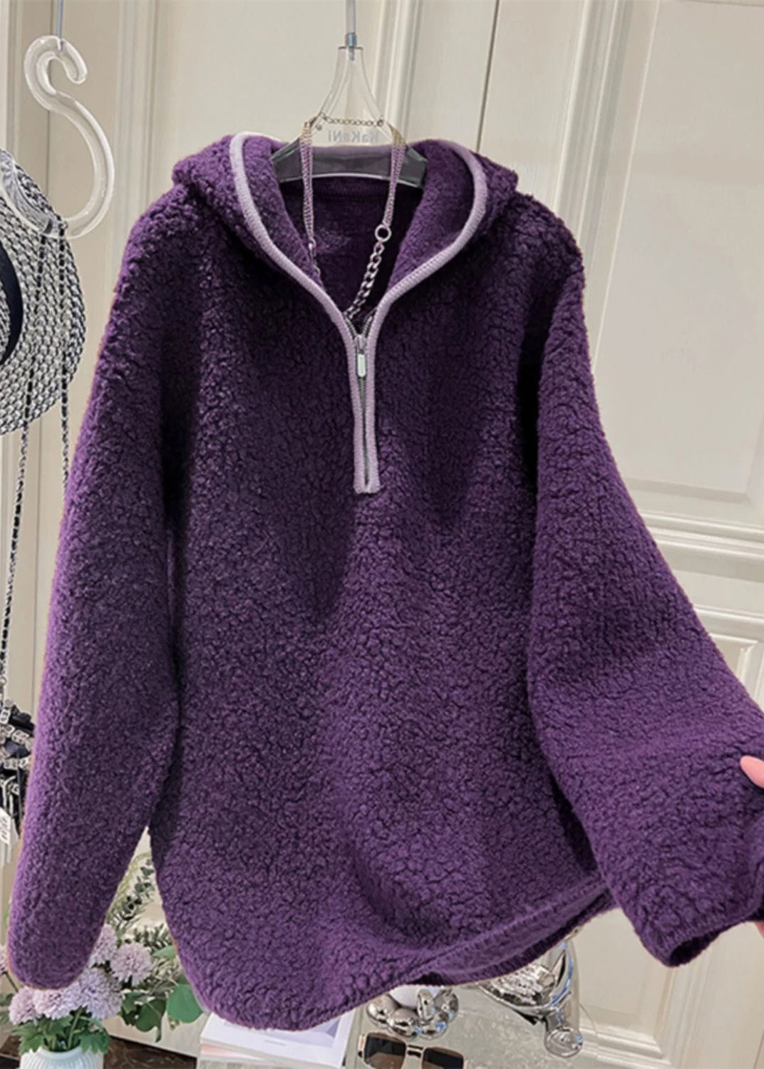 Warm Purple Hooded Zippered Fluffy Sweatshirt Winter