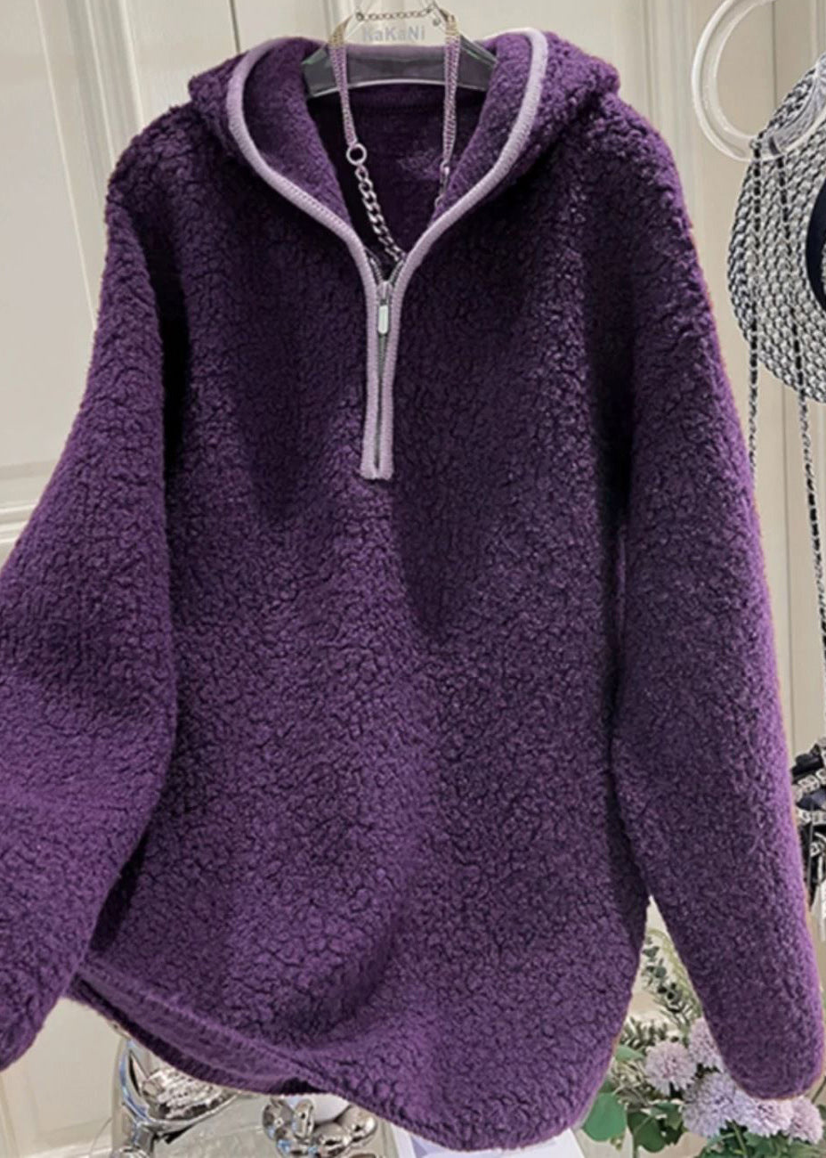 Warm Purple Hooded Zippered Fluffy Sweatshirt Winter
