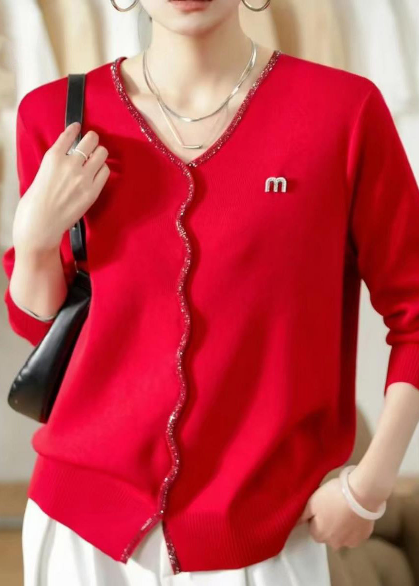 Warm Red V Neck Solid Knit Sweaters Fall