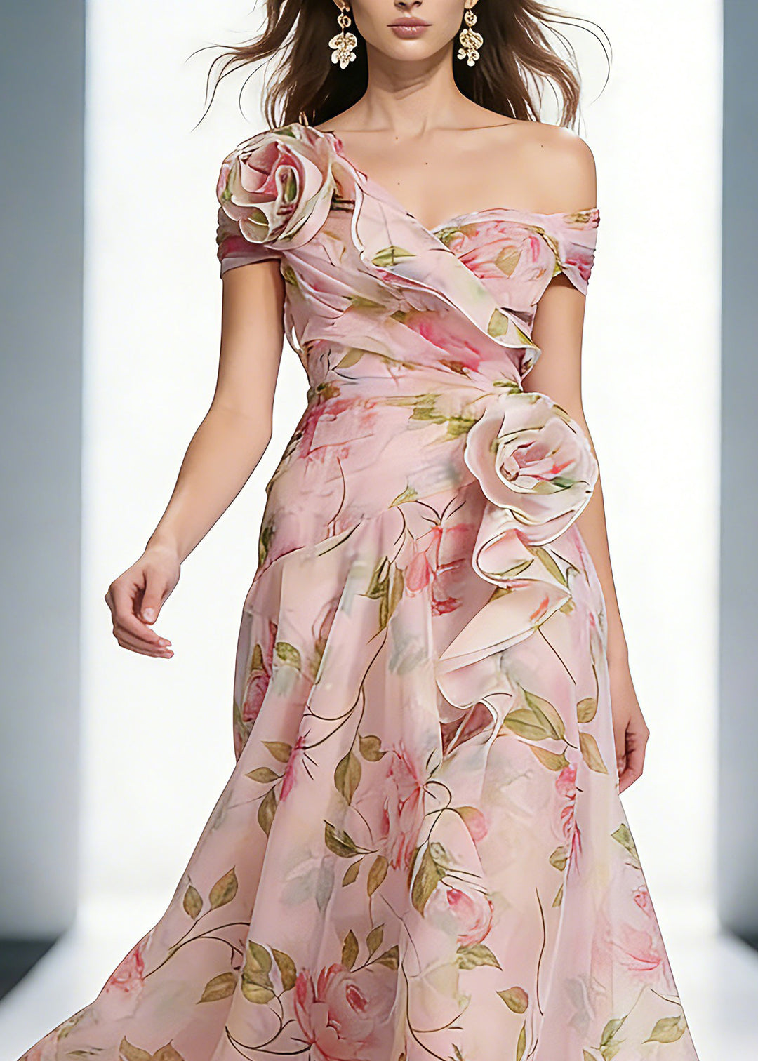 Wedding Pink Ruffled Print Organza Long Dress Summer