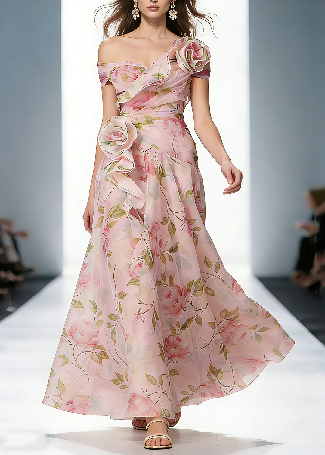 Wedding Pink Ruffled Print Organza Long Dress Summer