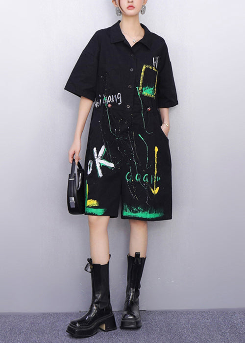 Whimsical Black Pockets Drawstring Cotton Jumpsuit Summer
