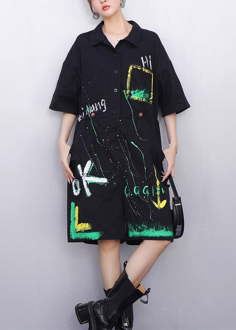 Whimsical Black Pockets Drawstring Cotton Jumpsuit Summer