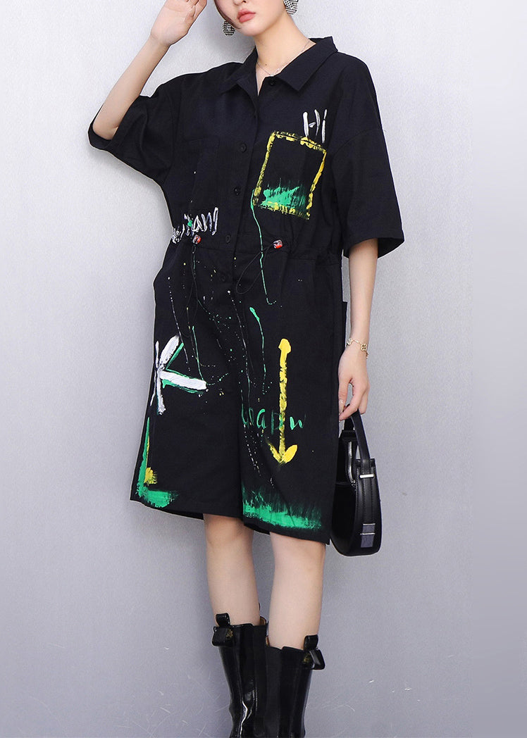 Whimsical Black Pockets Drawstring Cotton Jumpsuit Summer
