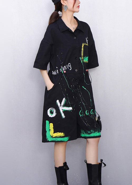 Whimsical Black Pockets Drawstring Cotton Jumpsuit Summer