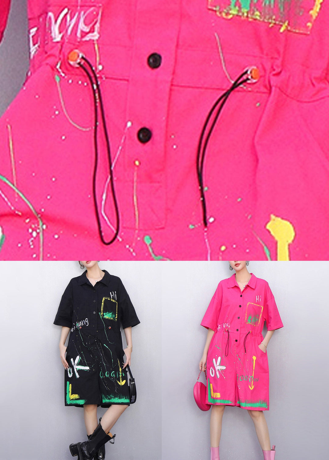 Whimsical Black Pockets Drawstring Cotton Jumpsuit Summer