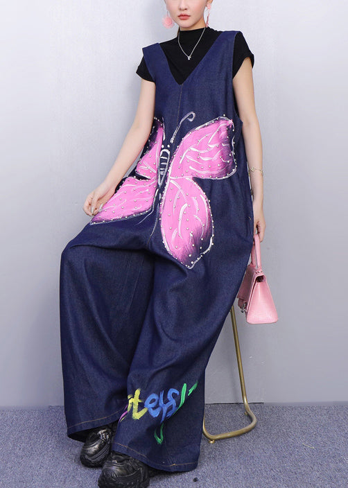 Whimsical Blue Butterfly Printed Denim Jumpsuit Sleeveless