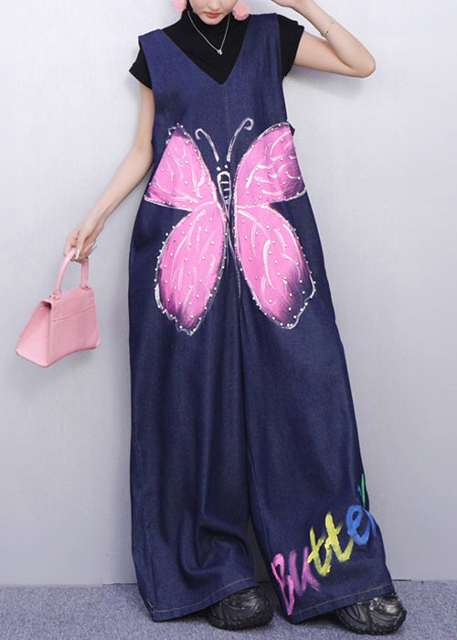 Whimsical Blue Butterfly Printed Denim Jumpsuit Sleeveless