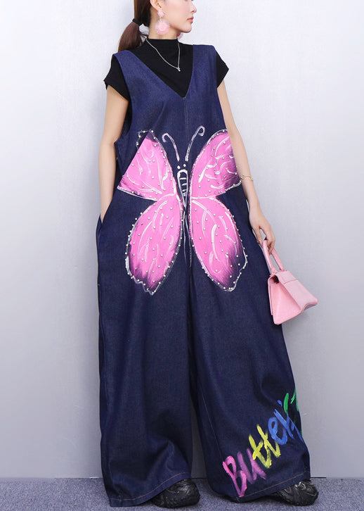 Whimsical Blue Butterfly Printed Denim Jumpsuit Sleeveless