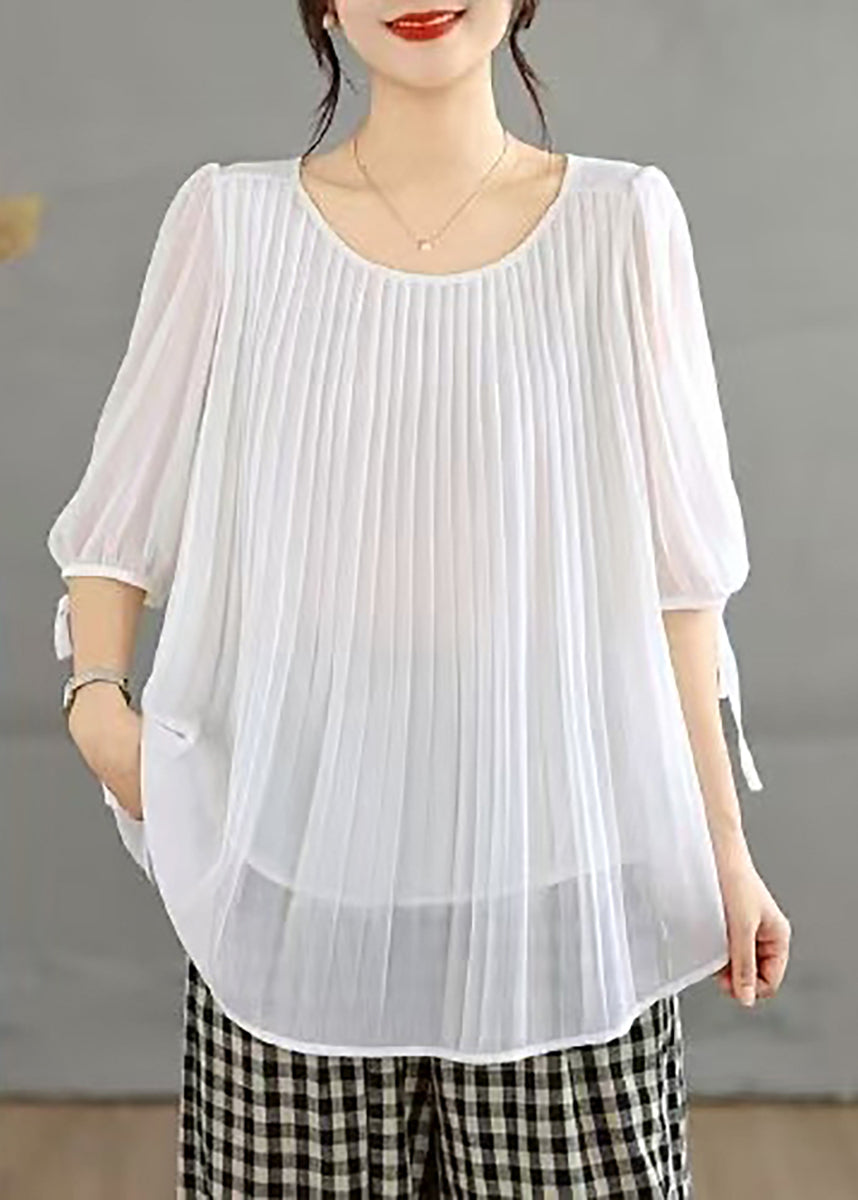 White Blouses Tops Pleated Chiffon Lace Up Half Sleeve