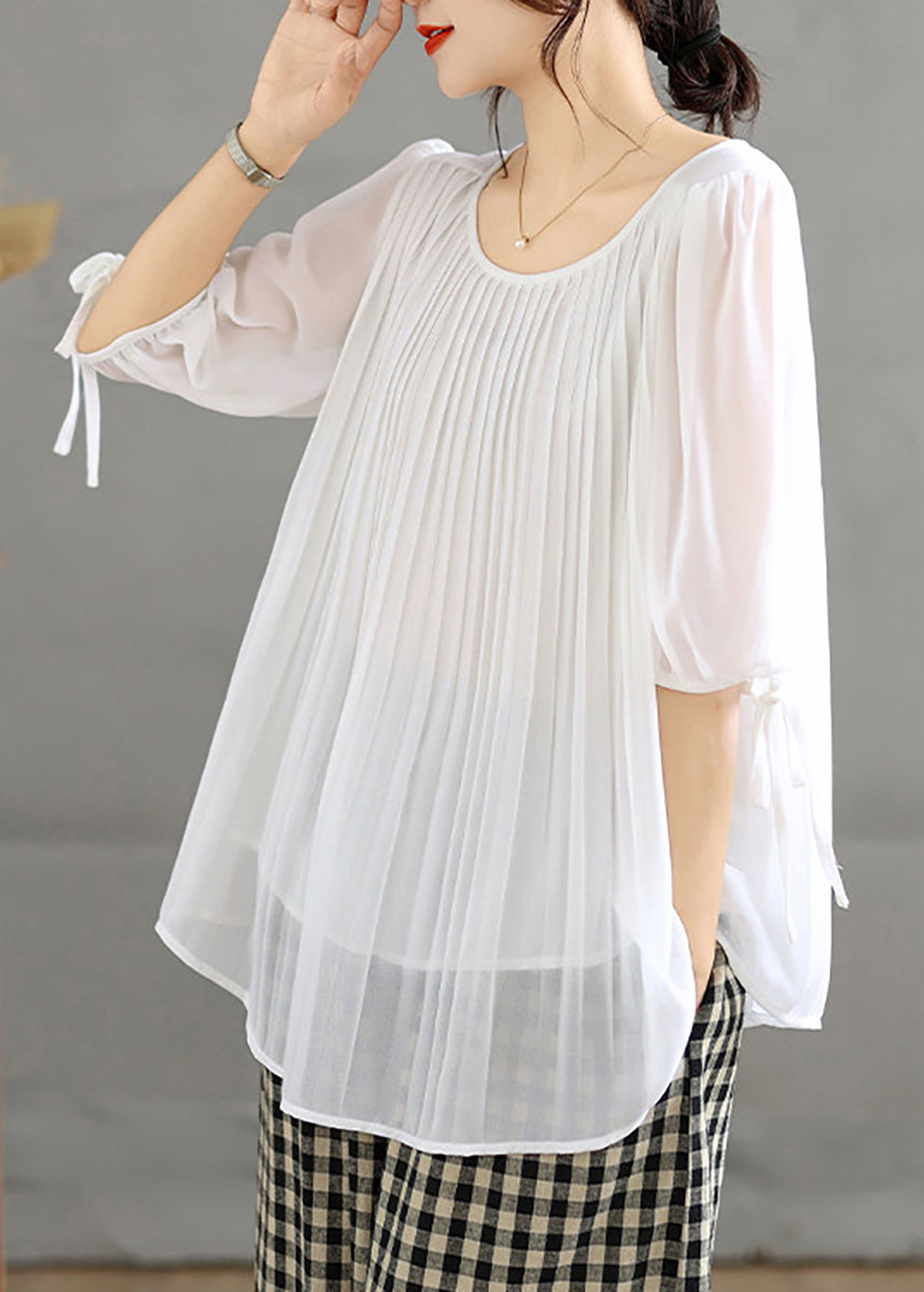 White Blouses Tops Pleated Chiffon Lace Up Half Sleeve