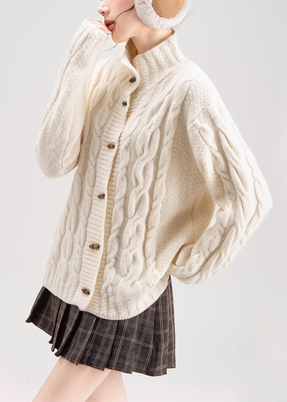 White Button Cozy Knit Winter Coats Stand Collar