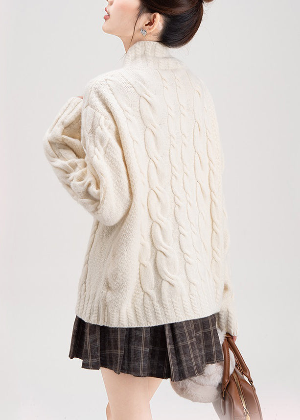 White Button Cozy Knit Winter Coats Stand Collar
