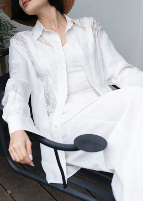 White Button Lace Cotton Fall Shirt Peter Pan Collar