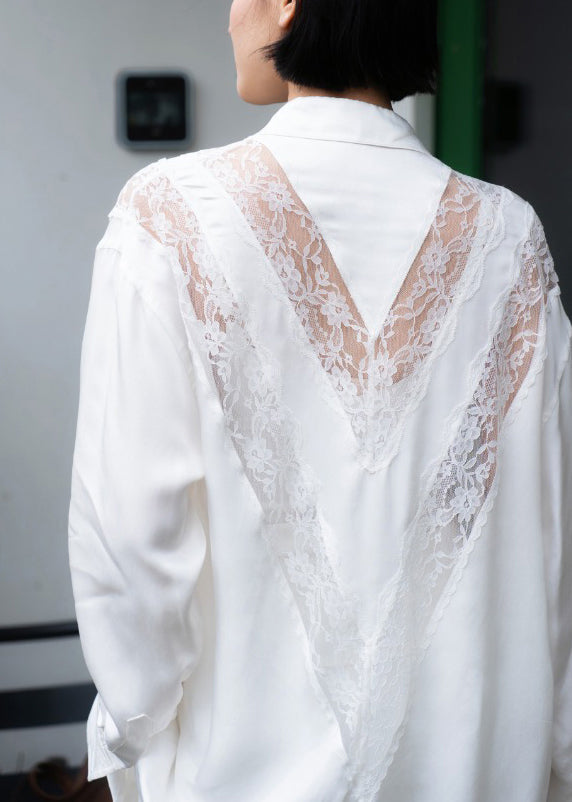 White Button Lace Cotton Fall Shirt Peter Pan Collar