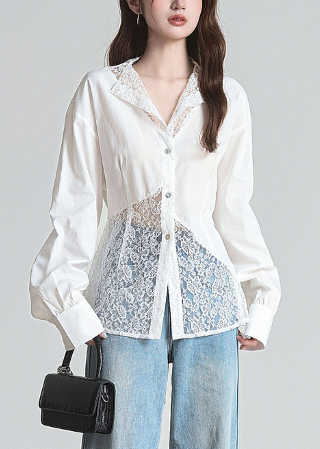 White Button Lace Patchwork Cotton Shirts Lace Up