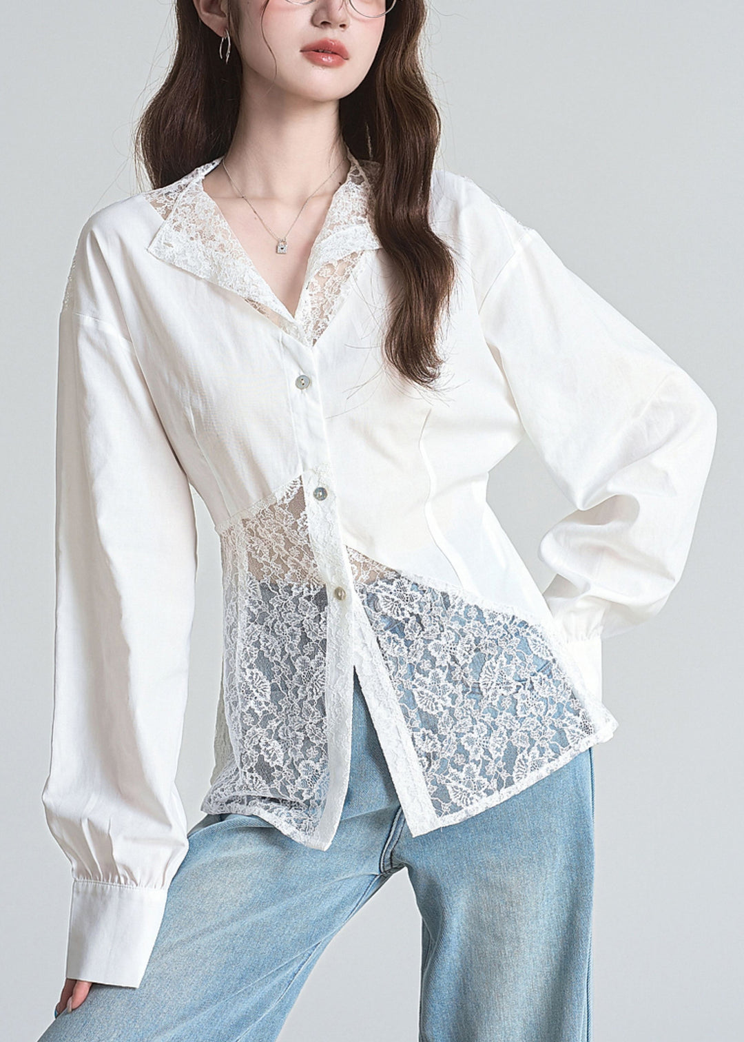 White Button Lace Patchwork Cotton Shirts Lace Up
