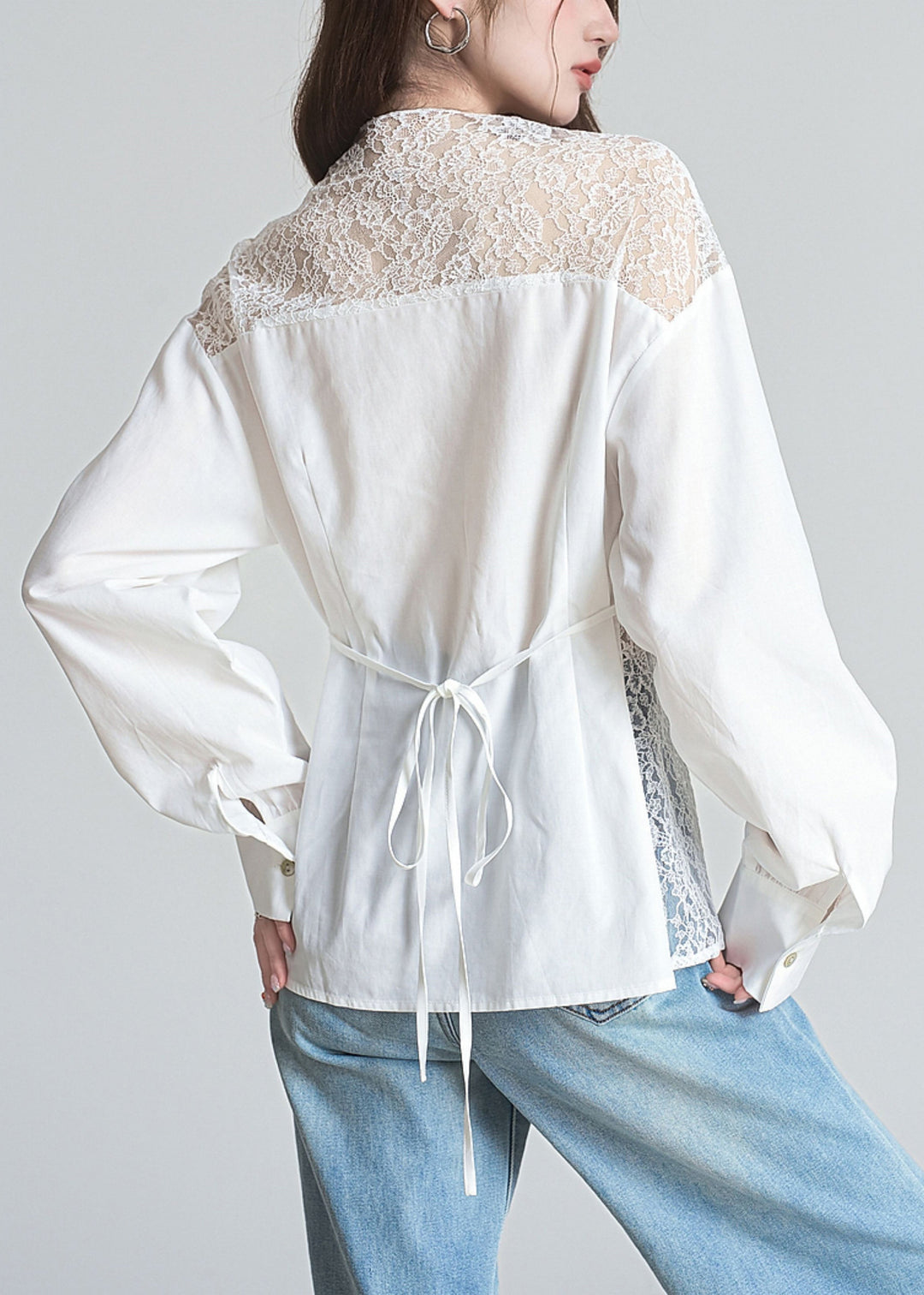 White Button Lace Patchwork Cotton Shirts Lace Up