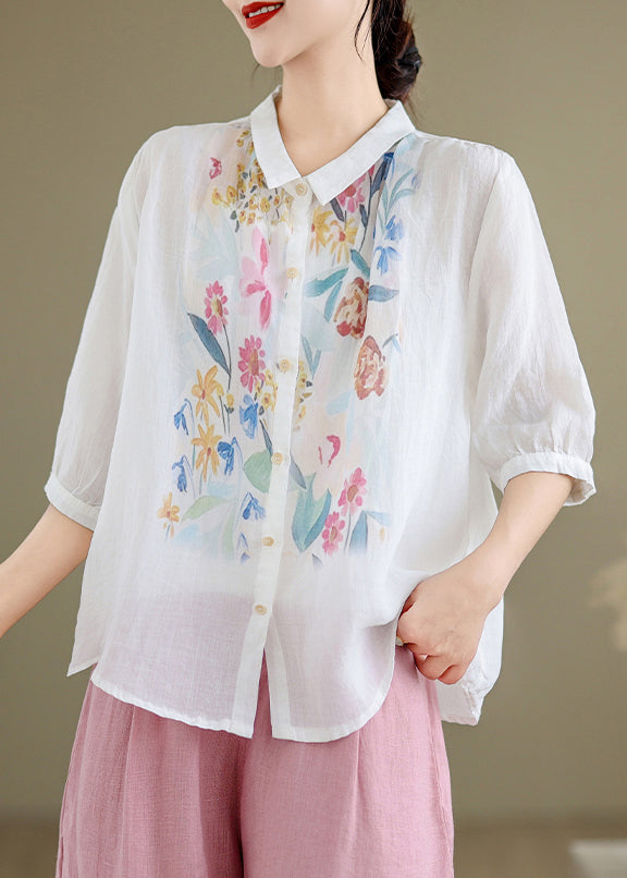White Button Linen Shirt Peter Pan Collar Summer
